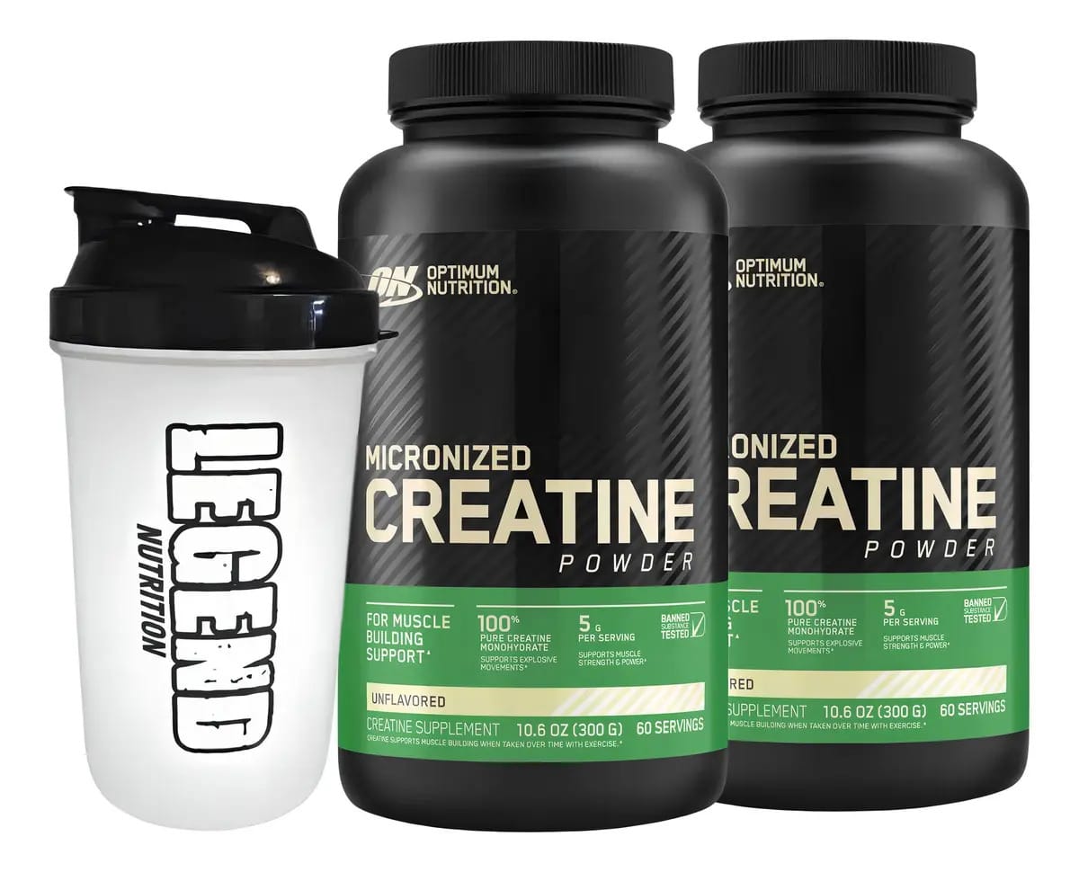 2 Pote de suplemento de creatina micronizada em pó On Optimum Nutrition 300g Legend Nutrition Glass 600ml
