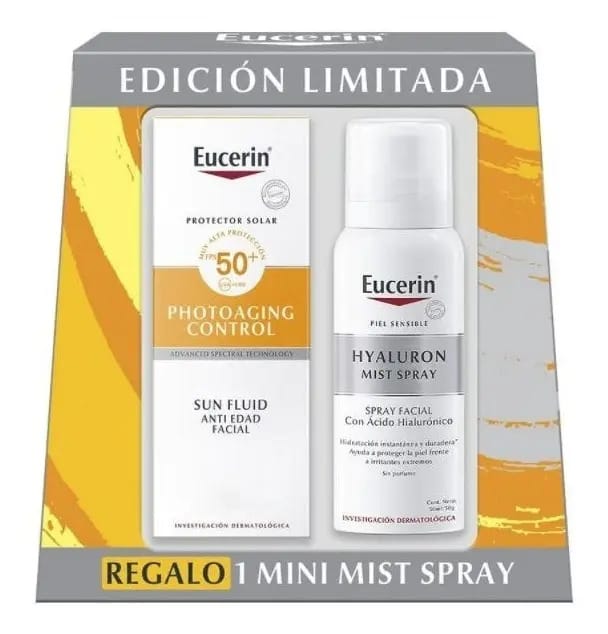 Creme antienvelhecimento Eucerin Pack Sun + Mini Hyaluron Filler Mist Spray Eucerin para pele mista 200 ml/200 g - pacote x 2 unidades