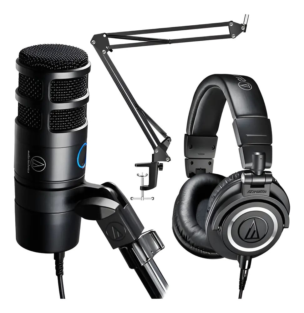 Kit Completo Microfone Audio-technica At2040 Usb + Fone M50x Cor Preto