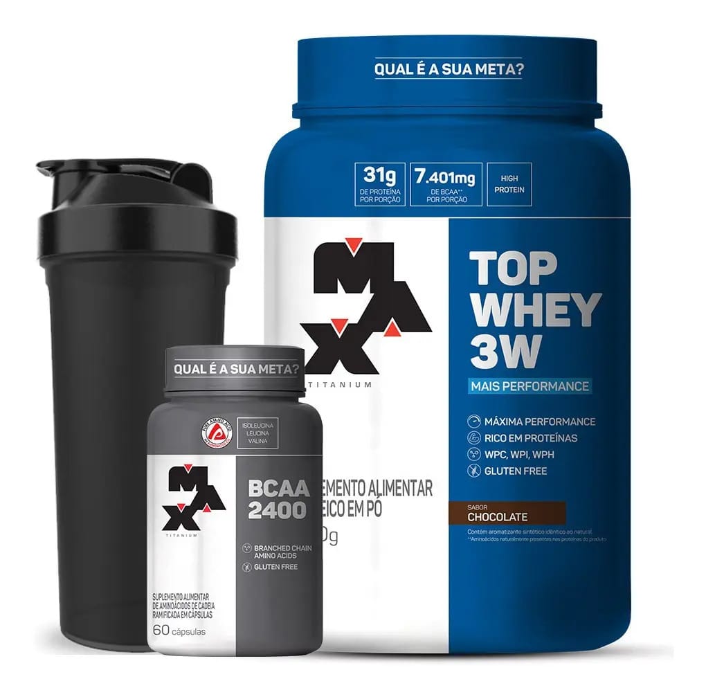 Top Whey 3w 900g + Bcaa 2400 - Max Titanium Sabor Chocolate