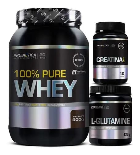 Kit 100% Pure Whey 900g + Glutamine + Creatina - Probiotica Sabor Morango