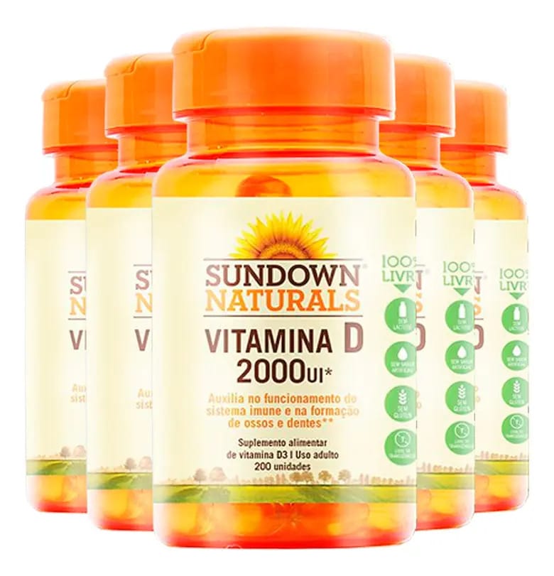 Kit 5 Vitamina D 2000ui Sundown Naturals 200 Cápsulas Sabor Neutro