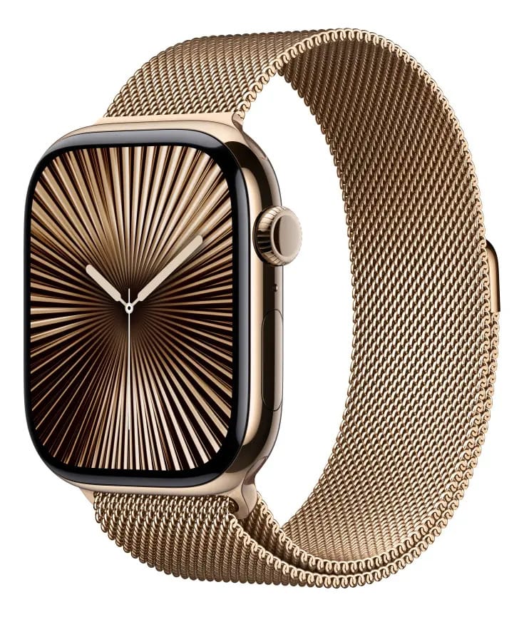 Apple Watch Series 10 GPS + Cellular • Caixa dourada de titânio – 46 mm • Pulseira dourada estilo milanês