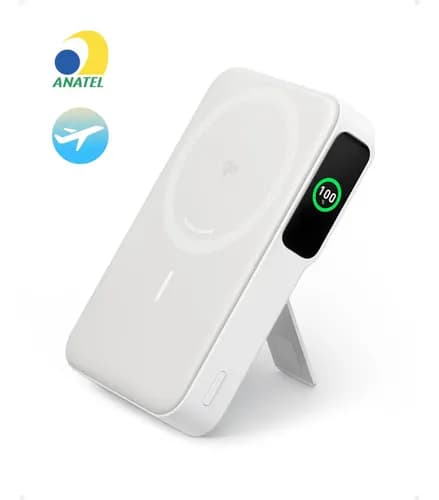 Carregador Portátil Indução Power Bank 10000mAh Bateria Magsafe Anker MagGo Qi2 Sem Fio Rápido 15W com Tela Inteligente e Suporte para iPhone 17/16/15/14/13/12 Branco