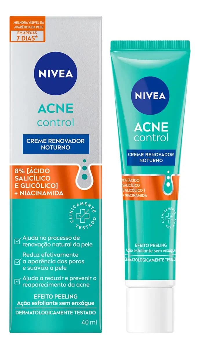 NIVEA Creme Renovador Noturno Acne Control 40ml, Renovação Natural da Pele, Reduz Acne e Poros, Efeito Peeling, Pele com Tendência a Acne