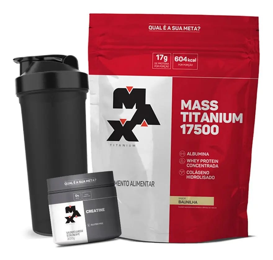 Hipercalórico 3kg + Creatina 300g + Coquet - Max Titanium Sabor Morango