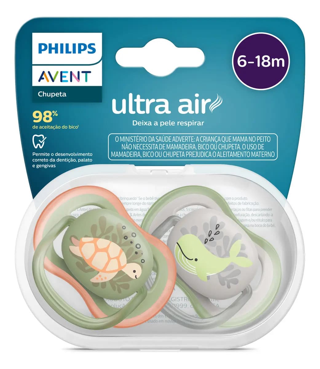 Chupeta Avent Ultra Air Baleia Tartaruga 6-18m Cor Baleia / Tartaruga
