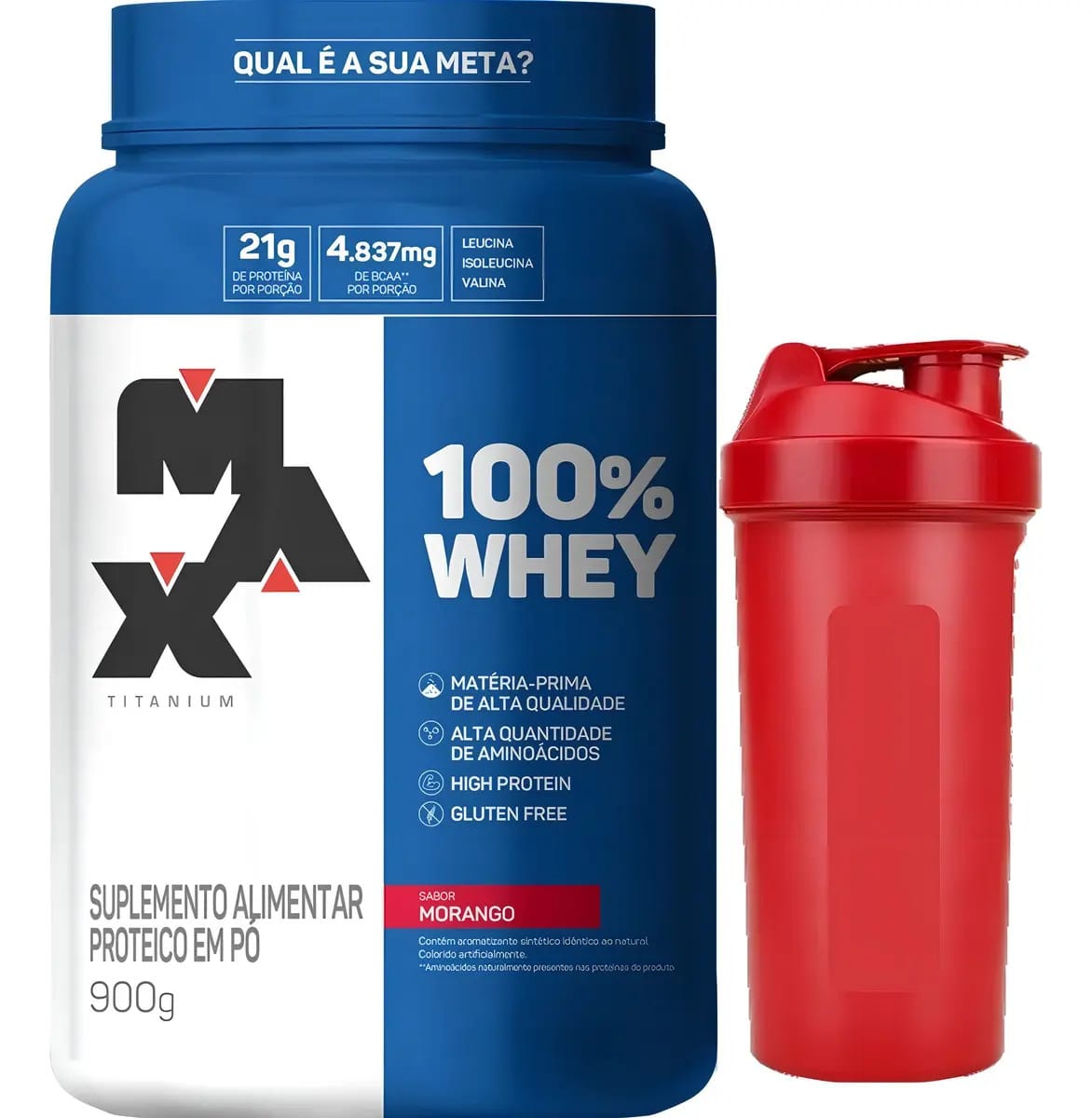 100% Whey Max Titanium Concentrado Pure Pote 900g + Squeeze Sabor Morango