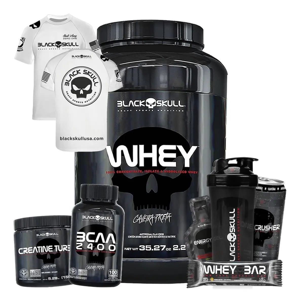 Whey + Bcaa + Creatina + Camiseta - Black Skull Sabor Chocolate