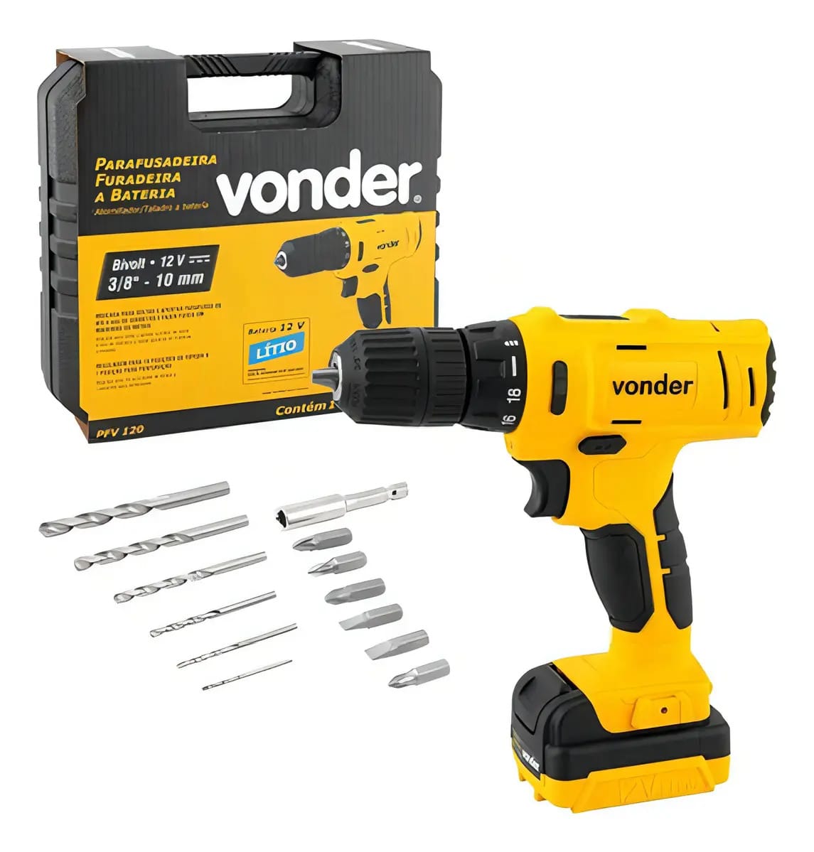 Parafusadeira Furadeira Pfv120 Bateria 12v Bivolt Vonder Cor Amarelo