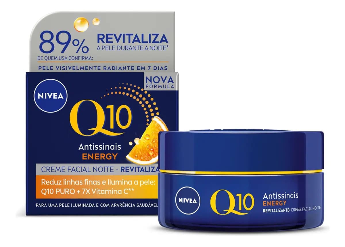 NIVEA Creme Facial Q10 Energy Antissinais Noite 50g, Reduz Linhas Finas, Ilumina, Pele mais Jovem, Revitalizante, Cuidado Facial Noturno
