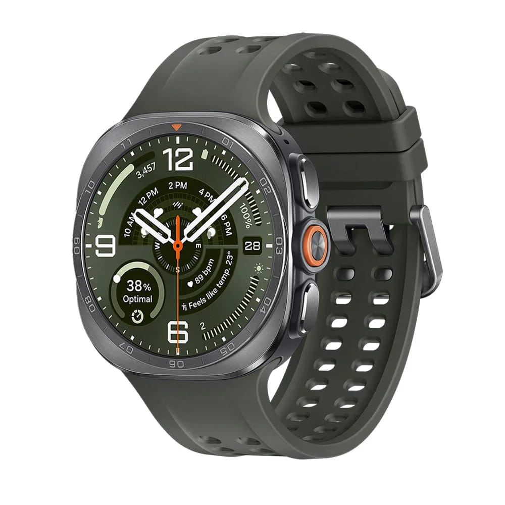 Foto de Samsung Galaxy Watch Ultra2 · RAM: 2 GB · Chipset: Snapdragon Wear Elite (Qualcomm SDW6100), 5 núcleos, 3 nm · Tela: Super AMOLED de 1,52" (498 x 498), Always On, até 5.000 nits, cristal de safira