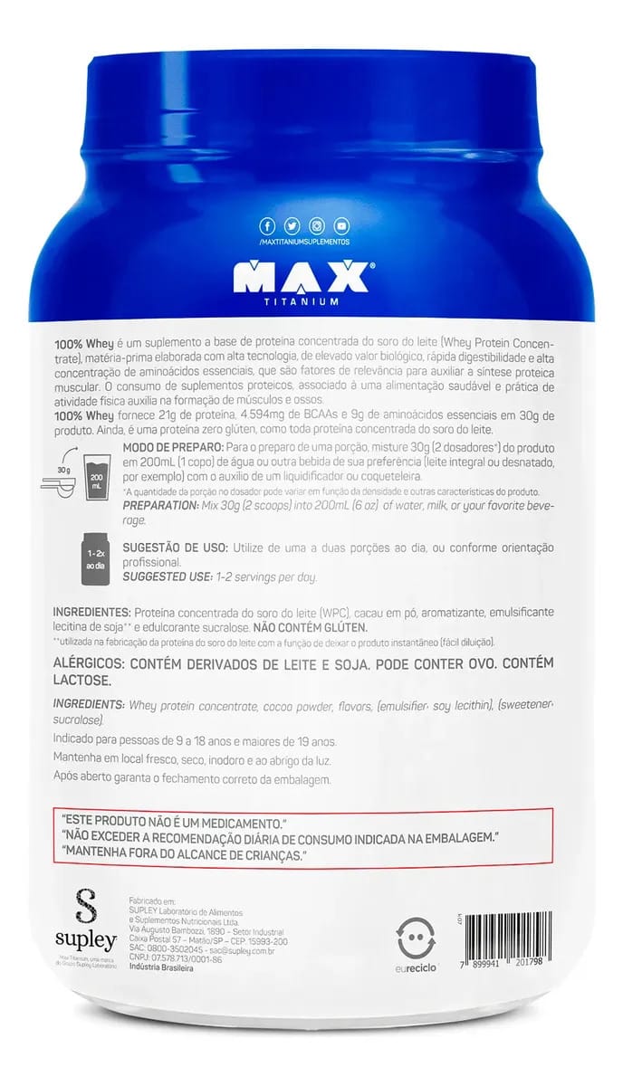 100% Whey - 900g - Max Titanium - Chocolate + Coque · GTIN 7909389498411 — foto 3 de 4