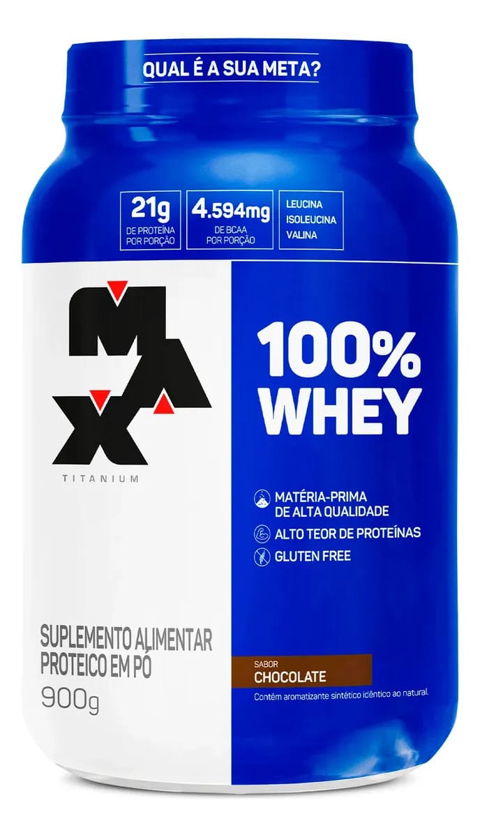 Foto de 100% Whey - 900g - Max Titanium - Chocolate + Coque · GTIN 7909389498411